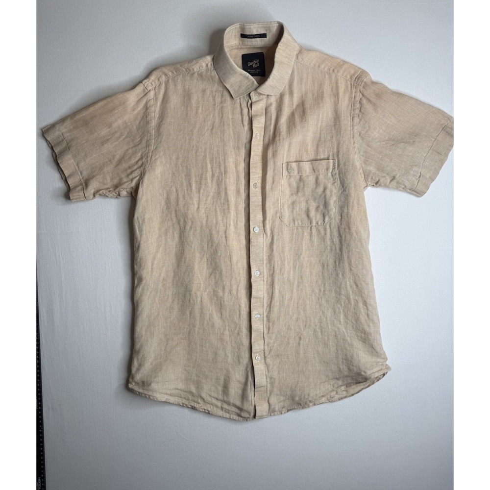 Double Bull 100% Pure Linen Men's Button Up Shirt Short Sleeve Regular Fit 40cm